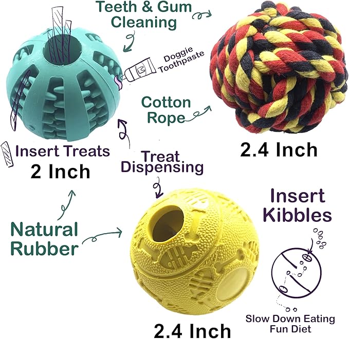 Jalousie Dog Puzzle Balls Dog Treat Dispensing Balls Non-Toxic Natural Rubber Dog Chew Toys for Puppy Pet Dog Teething Puzzle Playing Treat Dispenser Rope Balls (Small, 6 Pack Assorted)