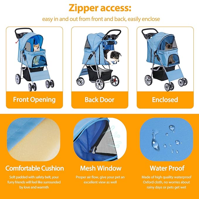 4 Wheels Dog Stroller Folding Pet Strolling Cart for Small Medium Cats Puppies Portable Jogger Travel Camping Puppy Carrier with Storage Basket Cup Holder, Blue