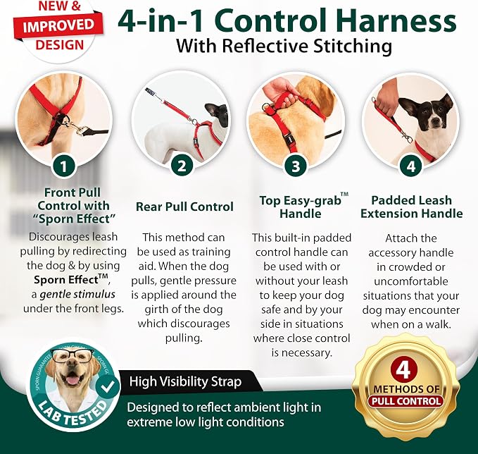SPORN Ultimate Control No Pull Dog Harness for Large Dogs - 4-in-1 Adjustable L/XL Dog Harness with Front, Back & Dual-Clip Options & Emergency Grab Handle - Easy On/Off, Padded Comfort (Black, L/XL)