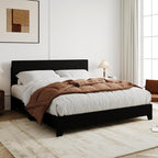 Allewie Full Size Bed Frame with Adjustable Headboard, Faux Leather Platform Bed with Wood Slats, Heavy Duty Mattress Foundation, No Box Spring Needed, Noise-Free, Easy Assembly, Black