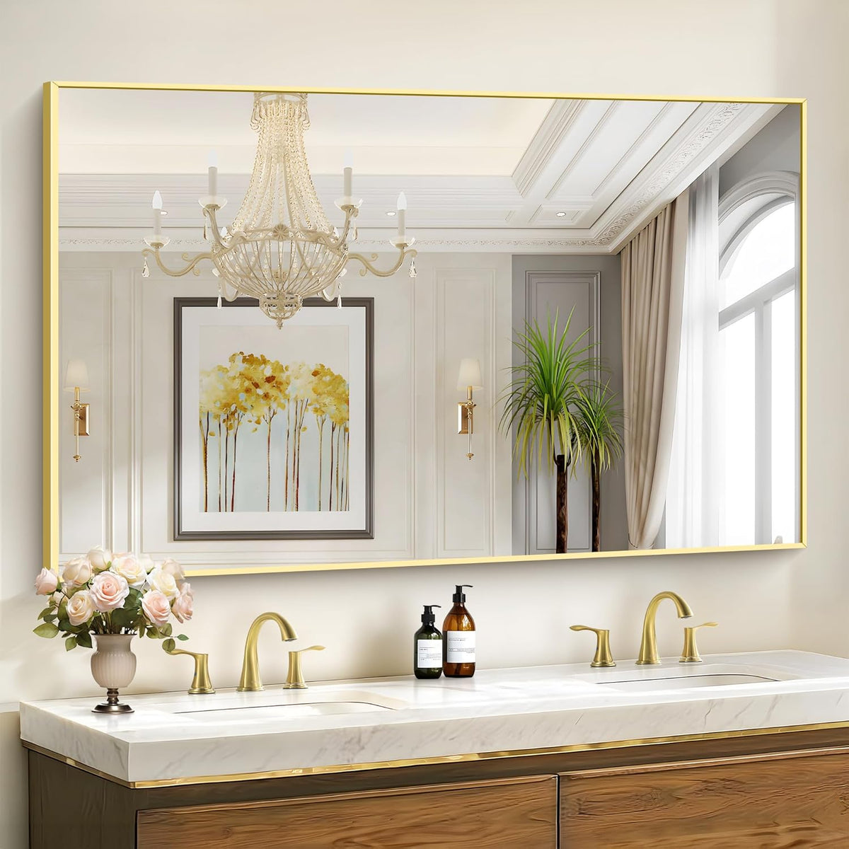 40x60inch Gold Bathroom Mirror, Gold Rectangle Mirror with Frame, Large Rectangular Wall Mirrors for Bathroom, Living Room, Hair Salon, Big Farmhouse Mirror Hang Horizontal/Vertical