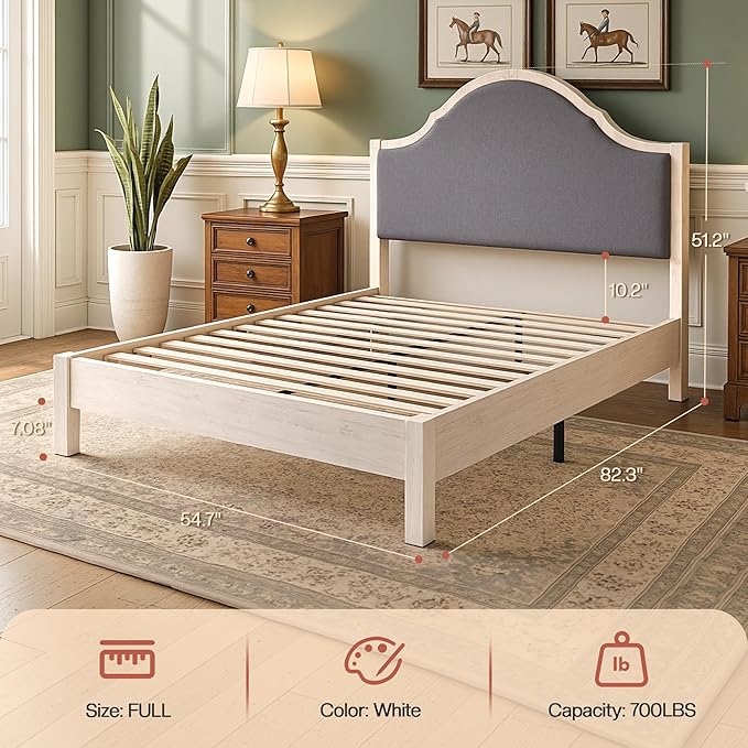 Jocisland Full Size Bed Frame with Tall Upholstered Curved Headboard, Solid Wood Platform Bed, No Box Spring Needed, Wood Slat Support, Easy Assembly, White