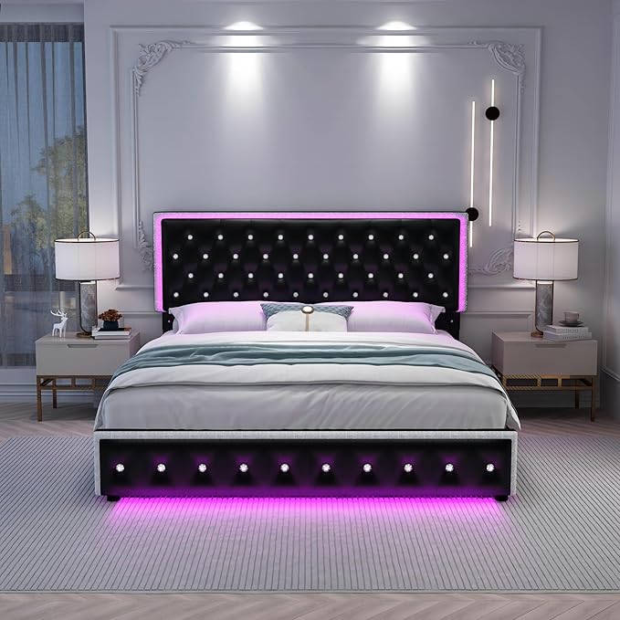 Queen LED Bed Frame with 2 Drawers, Storage Platform Beds with Upholstered Crystal Button Tufted Headboard Footboard, 2 Side Pockets, No Box Spring Needed, PU Black