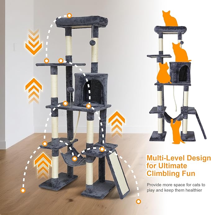 Large Cat Tree,65-inch Tall Multi-Level Cat Tower with Sisal-Covered Scratching Posts, Condo, Hammock, Dangling Ball,Grey