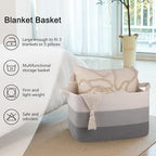 OIAHOMY Cotton Rope Basket, Rectangle Woven Baskets for Storage, Nursery Blanket Storage Living Room, Toy Basket With Handle-17.7”x13.8”x11”-Gradient Grey