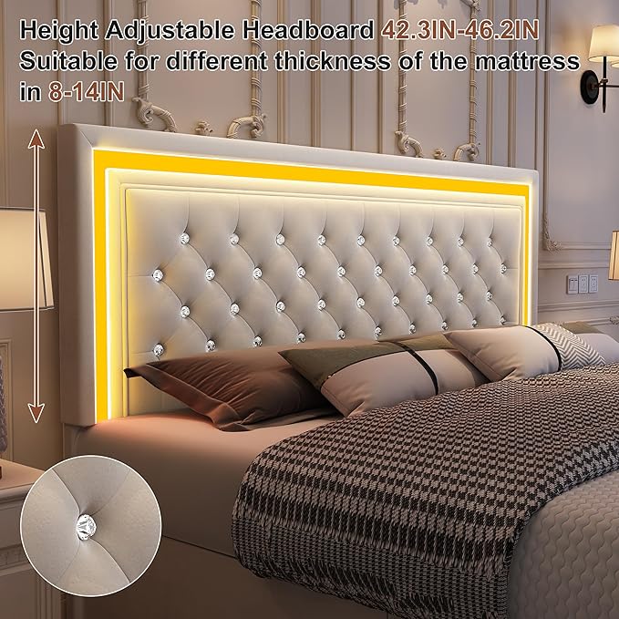 Queen led Bed Frame with 4 Drawers, Upholstered Platform Bed with Solid Wooden Slats Support, No Box Spring Needed, 900 lbs Capacity, Easy Assembly, Velvet Cream