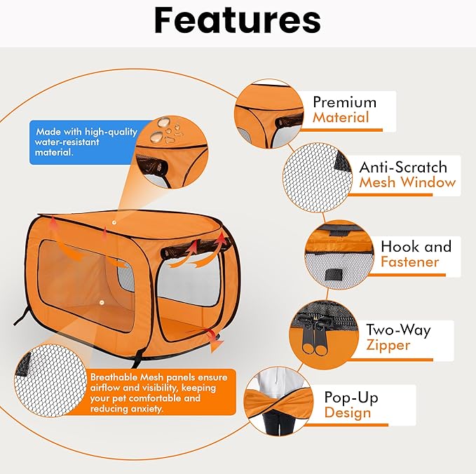 Beatrice Home Fashions Portable, Collapsible, Pop Up Kennel Travel Cat and Dog Crate, 40" L x 27" W x 27" H, Orange