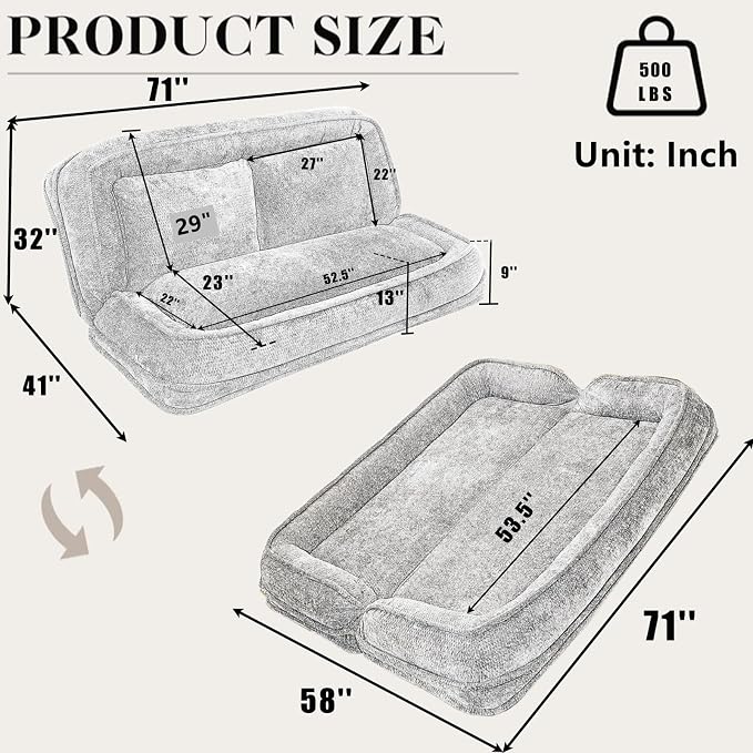 Foldable Lazy Sofa Bed, Double Human Dog Bed for Adults, Beige | Skin-friendly Breathable Soft Chenille Upholstered, 5 Adjustable Backrest Positions, 3 Soft Cushions for Living Room
