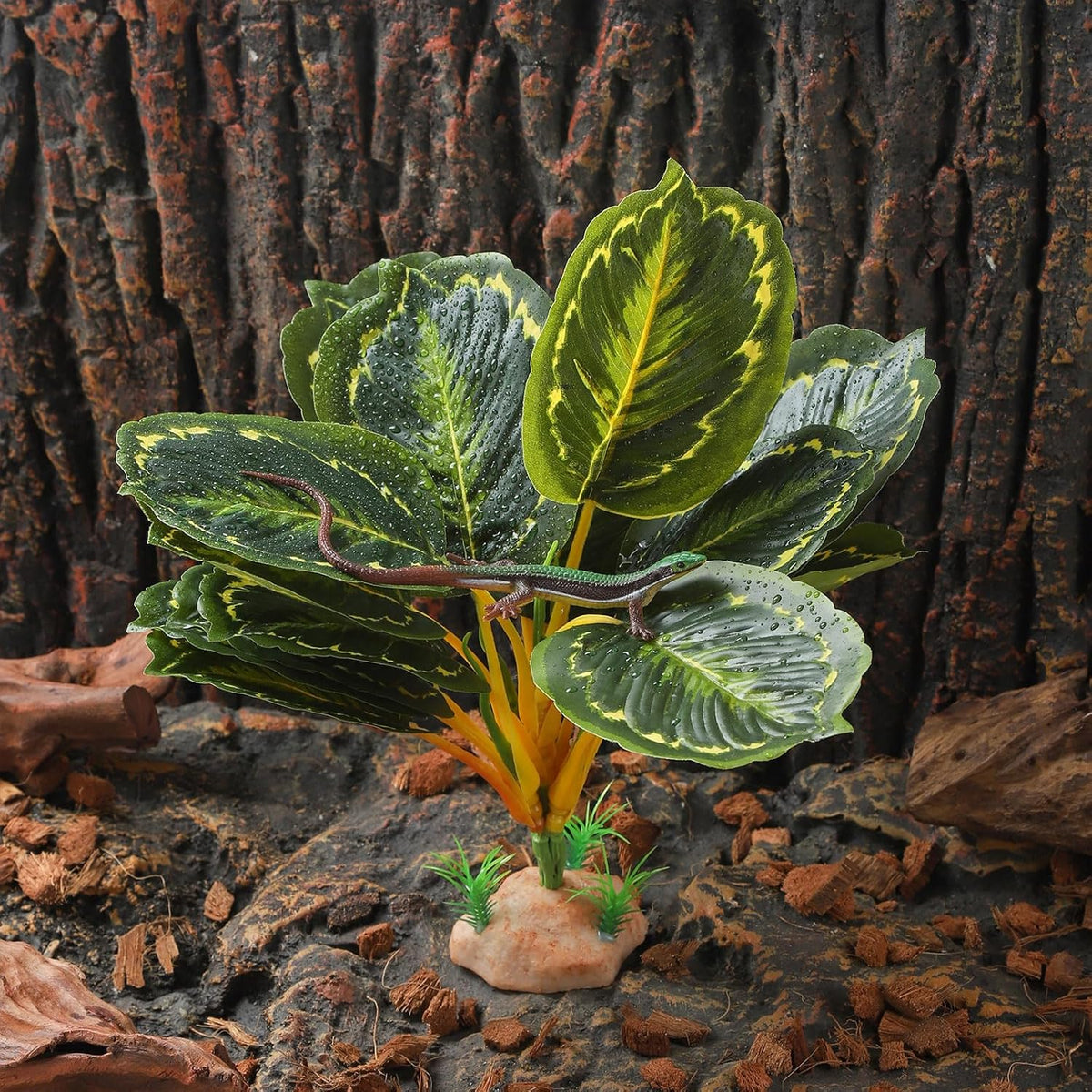 IBWell Reptile Plants - Tortoise Habitat Accessories, Artificial Spider Plant for Gecko, Ball Python, Tortoise Terrarium Decor - Calathea Makoyana B