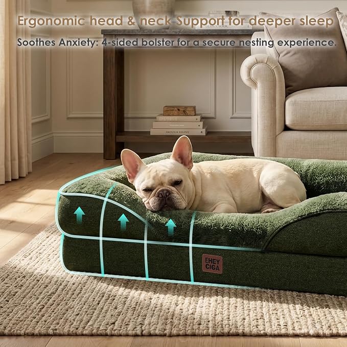 EHEYCIGA Orthopedic Dog Bed for Large Sized Dog, 41x27 Inch Large Memory Foam Dog Couch Bed with Sides, Waterproof Liner & Washable Removable Cover, Bolster Pet Sofa, Dark Green