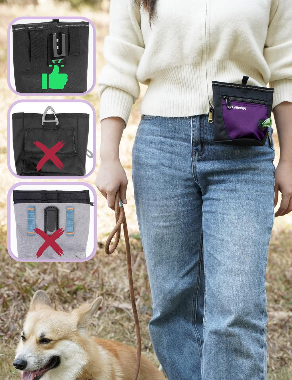 Gobeigo Dog Treat Pouch and Training Clicker, Upgrade Two Magnetic Closure to Prevent Spills, 2 Cup Treat Bag with Poop Bag Dispenser, Metal Clip Waist Belt Fanny Pack for Pet Walk (Black/Purple)