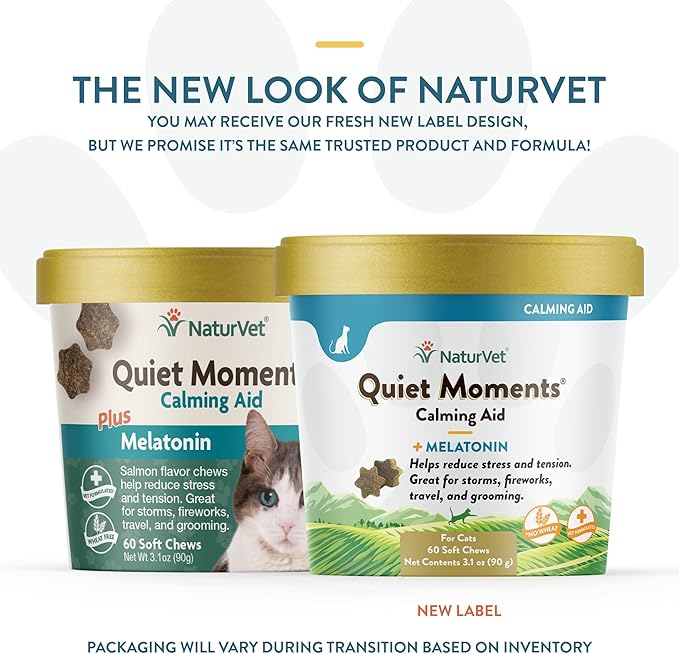 NaturVet –Quiet Moments Calming Aid for Cats Plus Melatonin – 60 Soft Chews – Helps Reduce Stress & Promote Relaxation – Great for Storms, Fireworks, Travel & Grooming