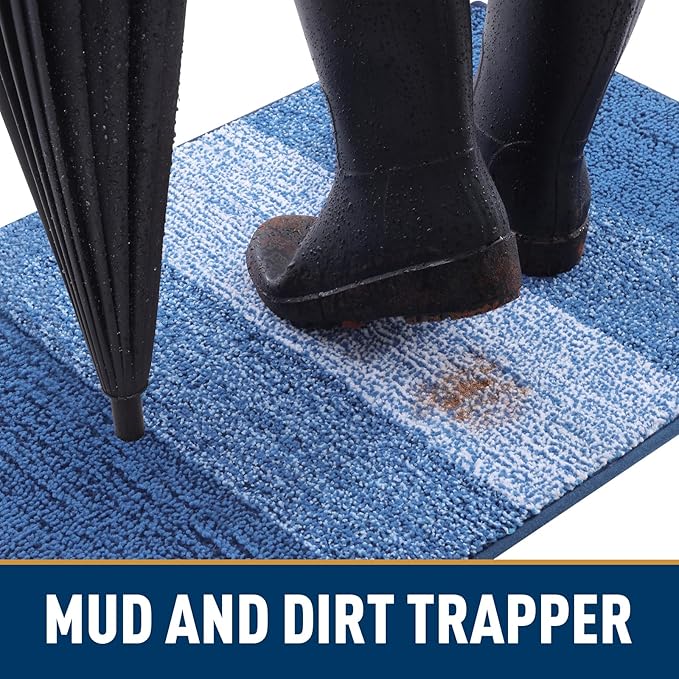 Smiry Dog Door Mat for Muddy Paws, Absorbs Moisture and Dirt, Low-Profile Entryway Mat with Non-Slip Backing, Entry Indoor Outdoor Doormat for Inside Floor (40x32 Inches, Navy Blue, Striped)