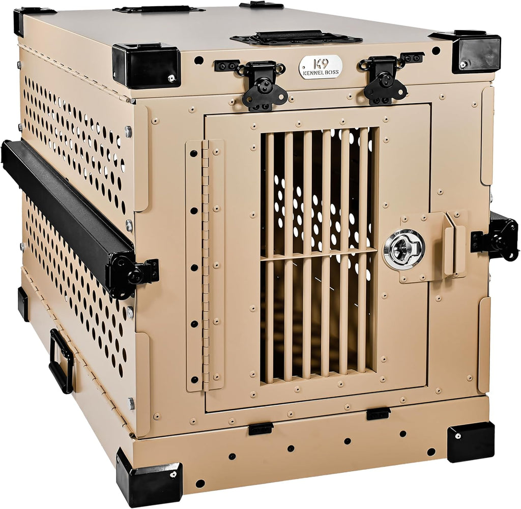 Heavy Duty Fully Collapsible Powder-Coated Aluminum Dog Crate - Small (Tan)