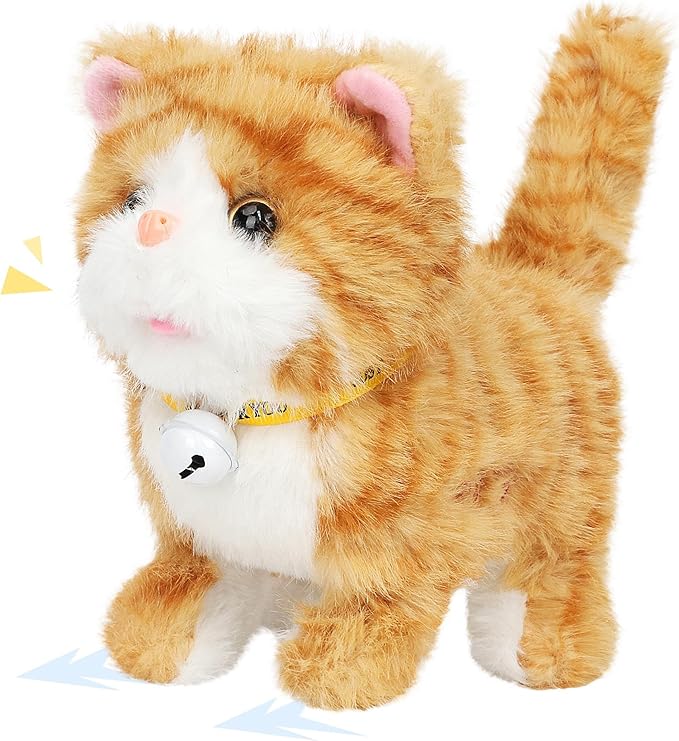 Easfan Walking Plush Kitty Toy Stuffed Animal Electric Interactive Talking Musical Plush Toy Grey Cat Leash Tail Wagging Christmas Birthday Gifts for Kids Toddlers,7"
