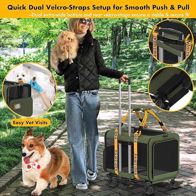 PAWZIDEA Expandable Large Pet Carrier with Wheels, 24x16x16 in Rolling Cat Carrier for 2–4 Cats up 55lb, Soft-Sided Collapsible Small Medium Dog Crate for Car Travel, Telescopic Handle, Storage Pocket