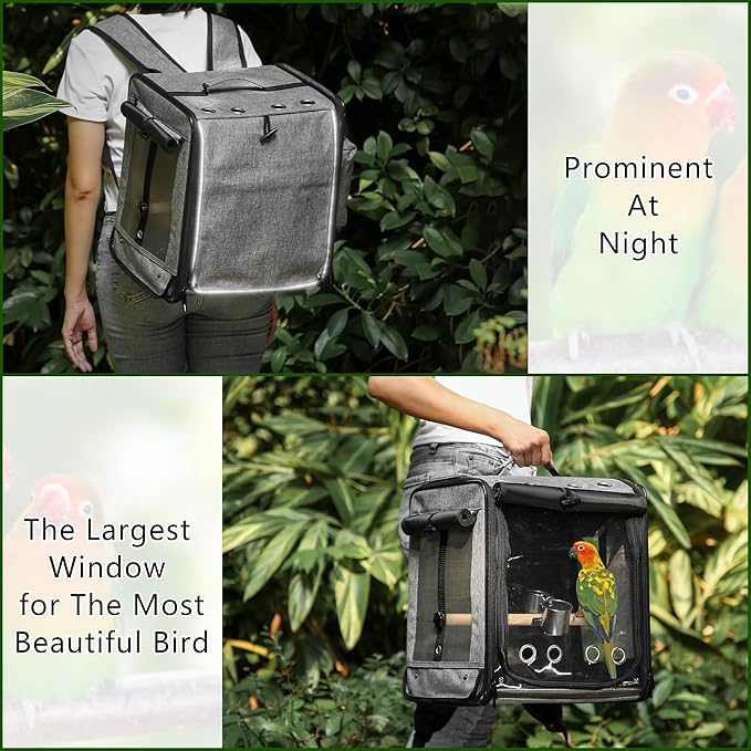 Suertree Bird Carrier with Seat Belt for Car Travel, Bird Backpack Carrier with Indestructible Stainless Steel Mesh, Large Bird Carrier Travel Cage, Grey