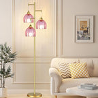Gold Floor Lamps for Living Room Bedroom-3 Light Vintage Floor Lamp with Glass Lampshape & Three Bulbs,Mid Century Modern Standing Lamp Tall Tree Flower Floor Lamps for Bedroom Living Room,Corner