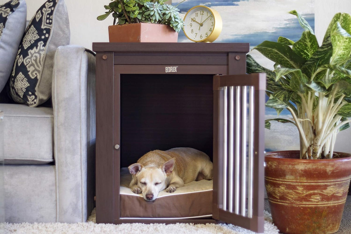 New Age Pet ECOFLEX Dog Crate End Table - Furniture-Style Pet Crate for Crate Trained Dogs - Stainless Steel Tubing & a Latched Closure - 10 Year Manufacturer's Warranty, Medium, Brown