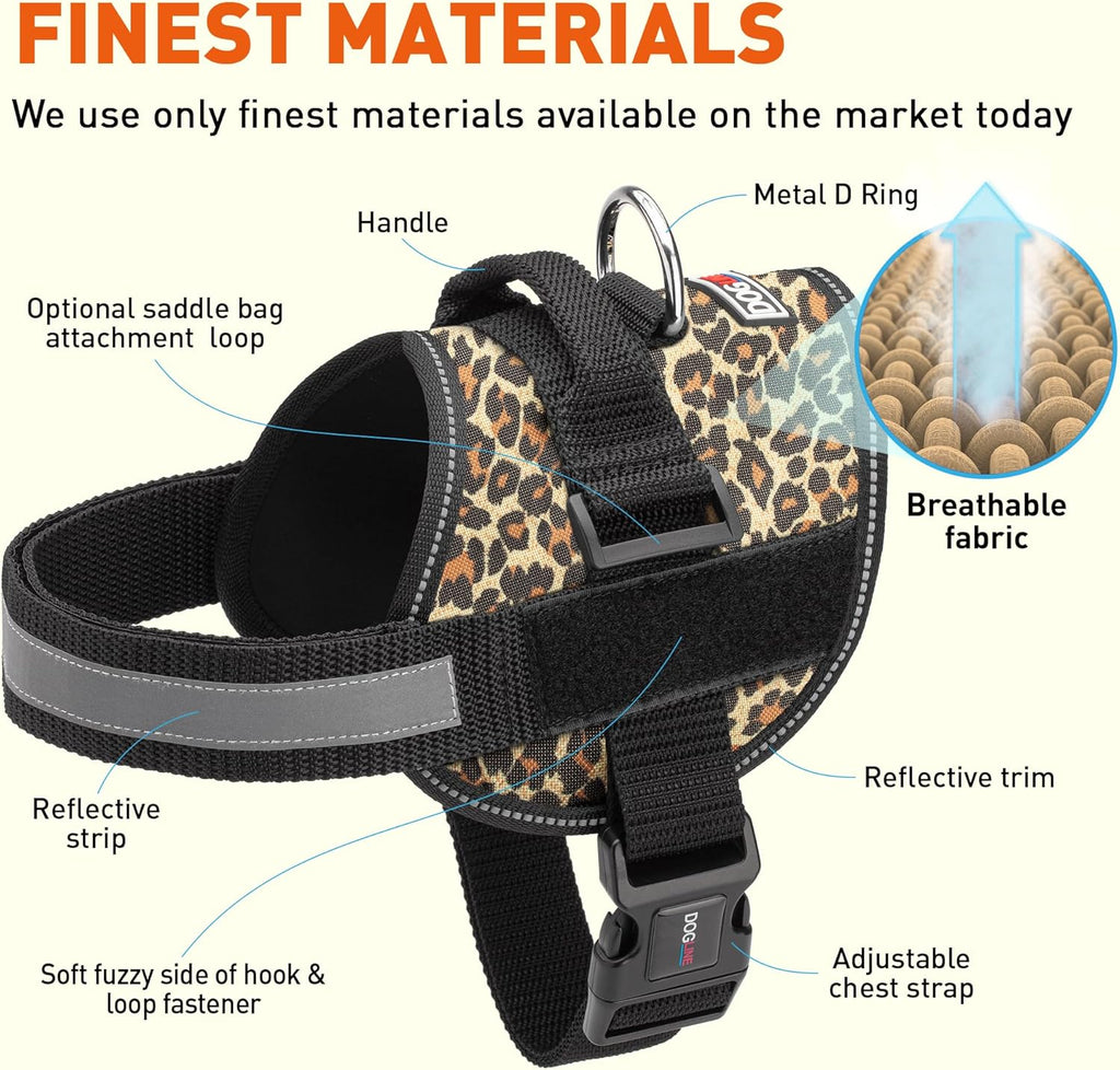 Dogline Dog Harness, Reflective No-Pull Adjustable Vest with Handle for Walking, Training, Breathable, No - Choke Harness for Small, Medium or Large Dogs Room for Patches Leopard Brown M 22"-28"