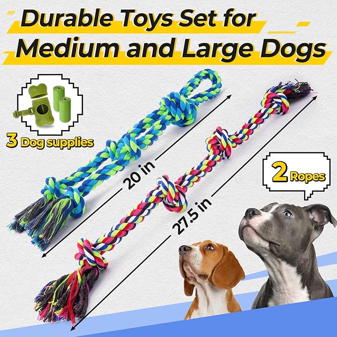 Heavy Duty Dog Rope Toys for Aggressive Chewers, Tough Tug of War Dog Toys for Large, Medium & Small Dogs – 5 Pack Including 2 Ropes & 3 Supplies