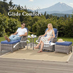 Belord Luxury 6" Thick Cushioned 5 Pieces Patio Furniture Set with 2 Ottomans, Wicker Outdoor Conversation Set with High Back Swivel Rocker Patio Chairs for Deck Porch Yard and Poolside - Grey+Blue
