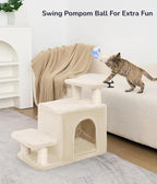 Happi N Pets Dog Stairs with Cat Scratching Post & Large Condo, Stable Pet Steps for High Beds Couch, 3 Combinations Cat Ramp Tree Tower for Cats or Small Dogs, Removable Cushion & Bonus Toy, Beige