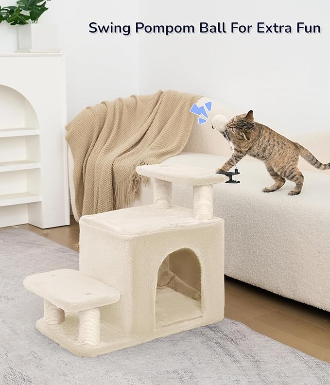 Happi N Pets Dog Stairs with Cat Scratching Post & Large Condo, Stable Pet Steps for High Beds Couch, 3 Combinations Cat Ramp Tree Tower for Cats or Small Dogs, Removable Cushion & Bonus Toy, Beige