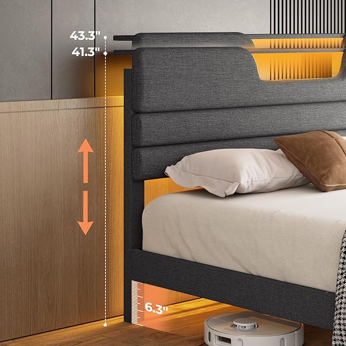King Size Bed Frames with Upholstered Headboard, Modern Platform Bed with Charging Station and Led Lights, Bed Frame with Sturdy Wooden Slats/No Box Spring Needed/2-Tier Storage, Grey