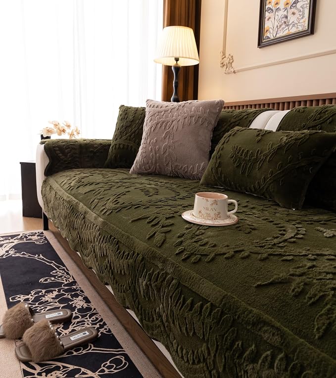 Green Fuzzy Rabbit Plush Sofa Cover Cozy Warm Sofa Couch Covers with 3D Jacquard Leaf Pattern Non-Slip Easy-to-Install Shaggy Sofa Slipcover Prefect for Kids Dogs Cats Cats(Green,36"x36")