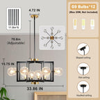 12 Light Black Farmhouse Chandelier Geometric Metal Dining Room Light Fixture Height Adjustable Black Chandeliers for Dining Room Clear Glass Farmhouse Industrial Pendant Lights for Bedroom, Entryway