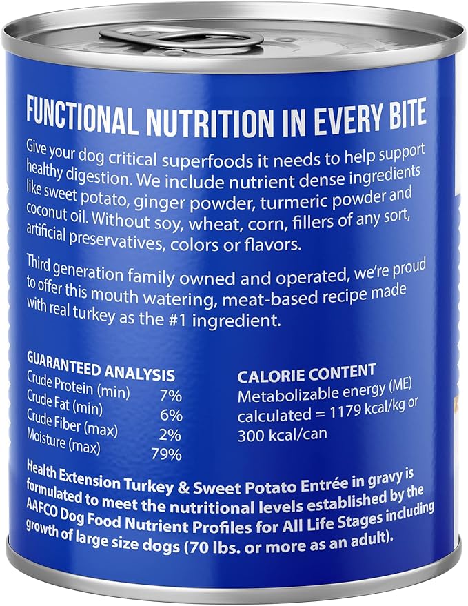 Health Extension Wet Dog Food Turkey & Sweet Potato Entrée in Gravy, 9 oz - Digestive Support with Superfoods & Antioxidants for Immune Support (Case of 12 Cans)