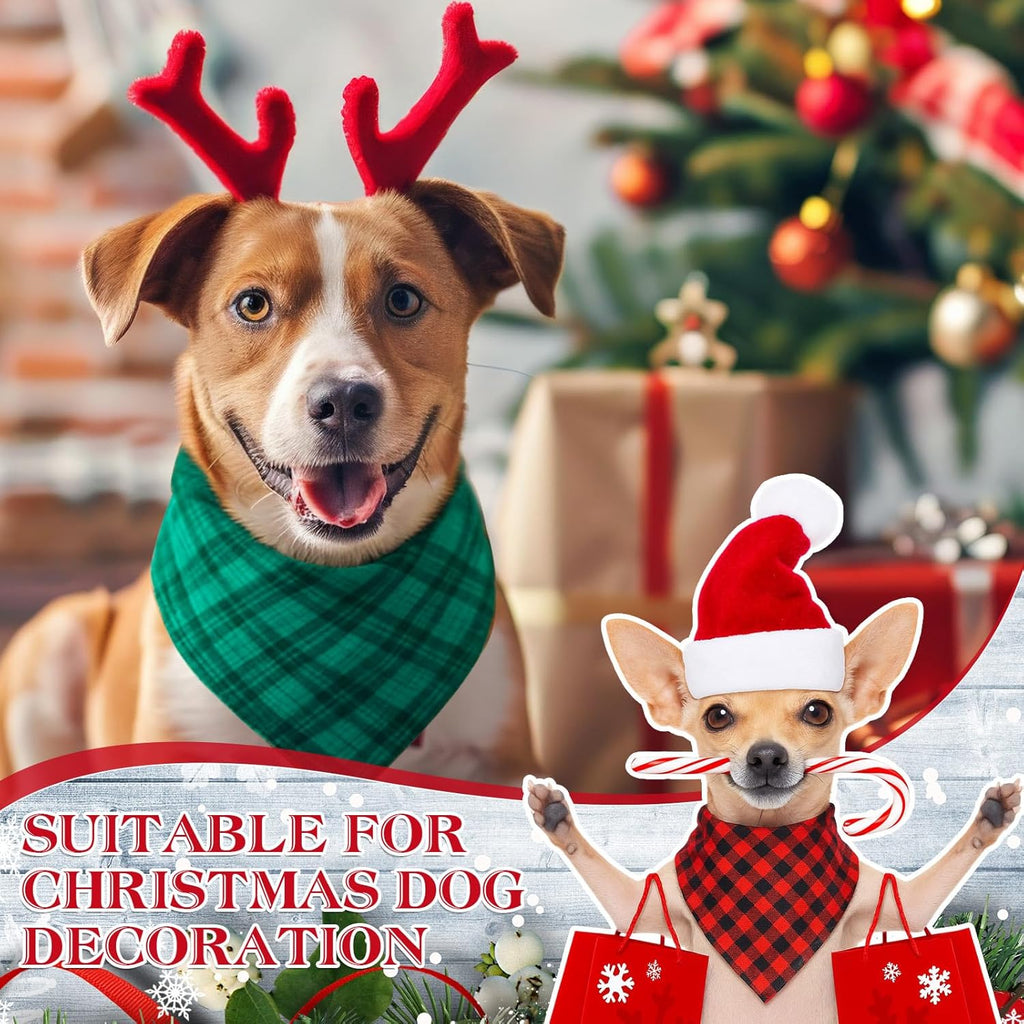 Abbylike 100 Pcs Christmas Dog Bandanas Bulk Red and Green Buffalo Plaid Xmas Bandanas for Dogs Triangle Kerchief Bibs Scarf Set with Christmas Patterns for Pets Costume Photo Props Accessories