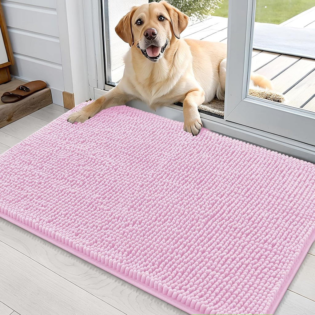 OLANLY Dog Door Mat for Muddy Paws 36x24, Absorbs Moisture and Dirt, Absorbent Non-Slip Washable Doormat, Quick Dry Chenille Mud Mat for Dogs, Entry Indoor Entryway Carpet for Inside Floor, Pink