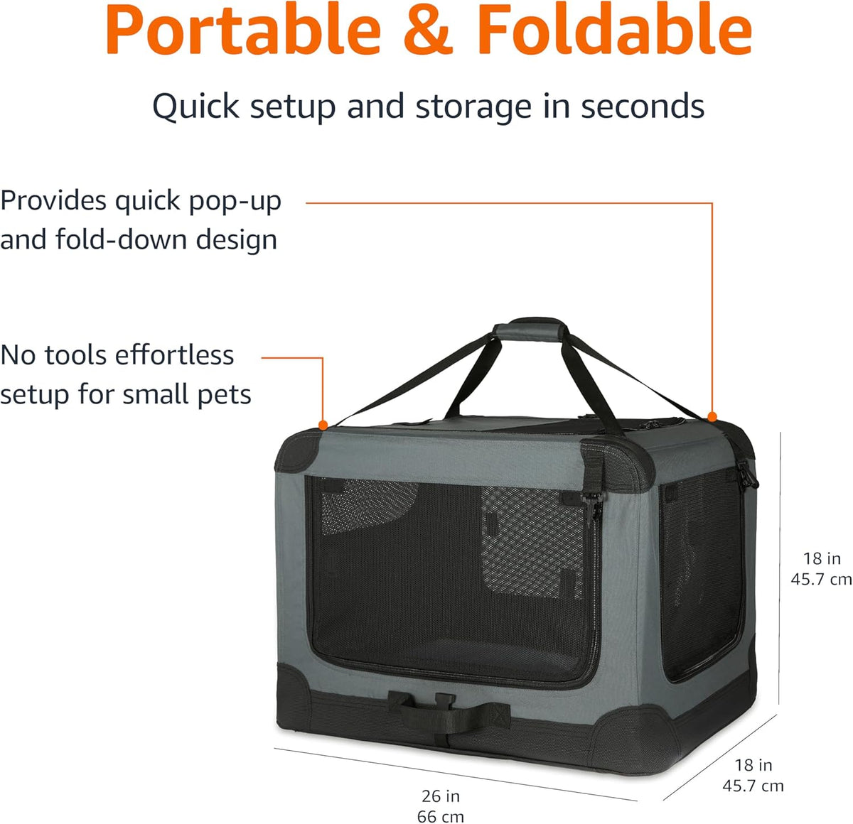 Amazon Basics 4-Doors Portable Soft-Sided Folding Travel Crate Kennel for cat, Dog, and Other Small Animals, Grey, S 26" x 18" x 18"
