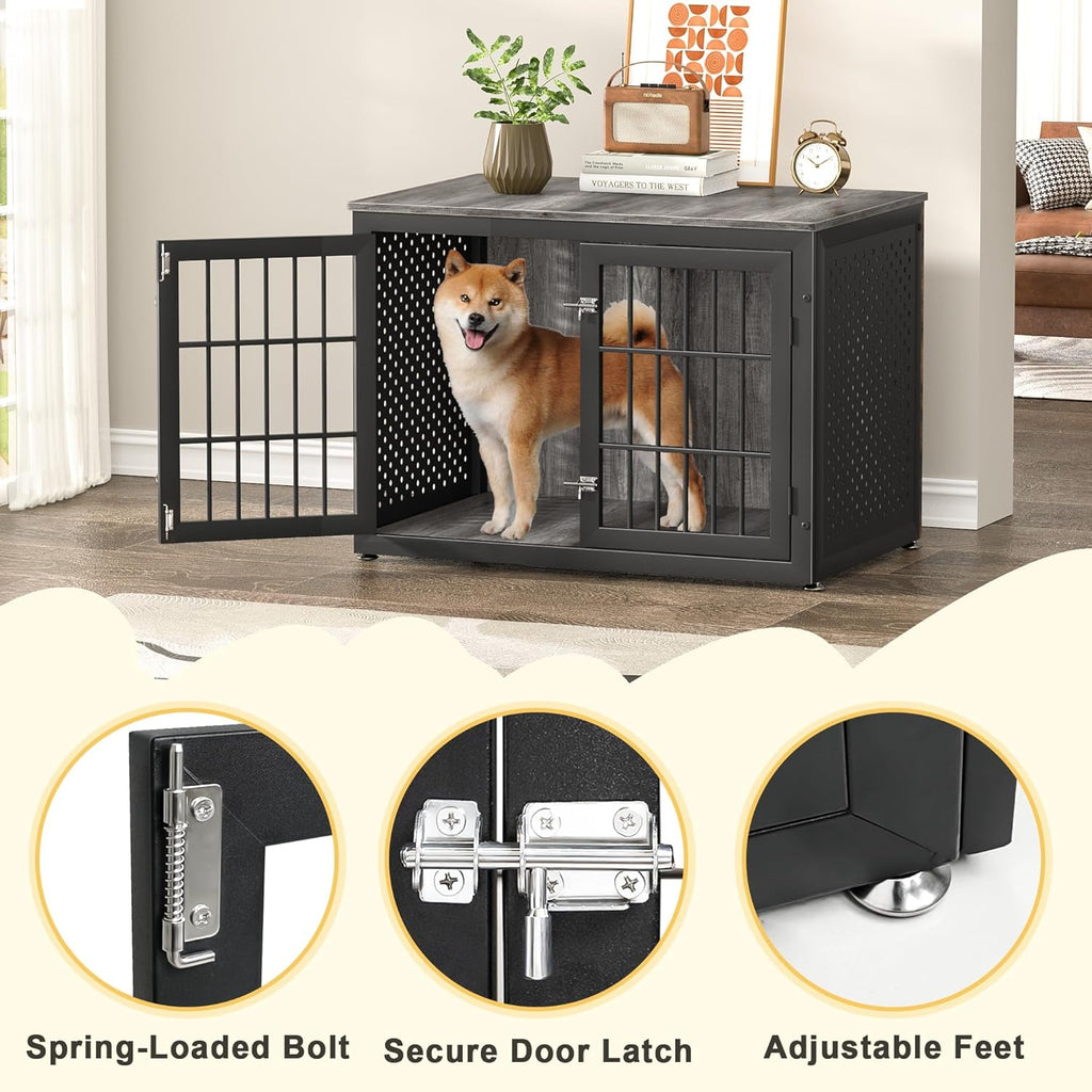 38" Heavy Duty Dog Crate Furniture for Large and Medium Dogs,Wooden Metal Kennel for High Anxiety Dogs, Chew Proof Cage Indoor, Decorative Kennel End Table
