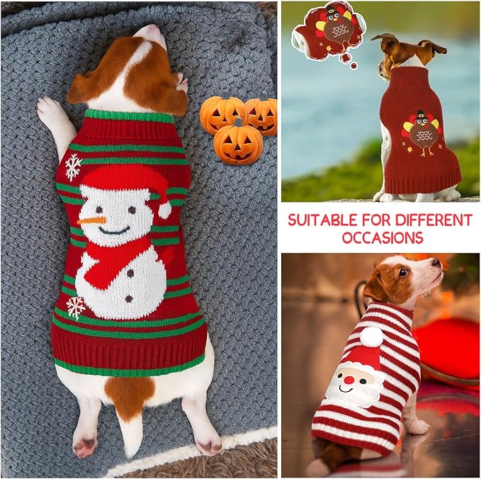 Sanwuta 3 Pieces Thanksgiving Christmas Dog Sweaters Sets Turkey Santa Snowman Puppy Dog Clothes Pet Knitwear for Puppy Doggie Cat Pet Costume(Medium)