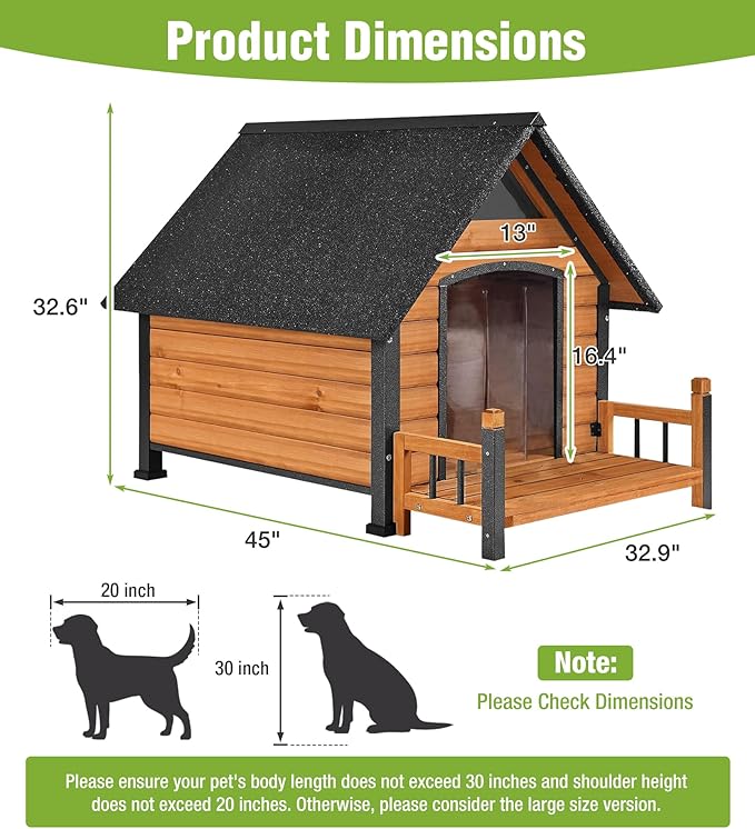 GUTINNEEN Dog House Outdoor Weatherproof with Porch, Puppy Shelter Indoor with Anti-Bite Design, PVC Curtain, Asphalt Roof, Elevated Waterproof Base, for Small to Medium Dogs - Brown
