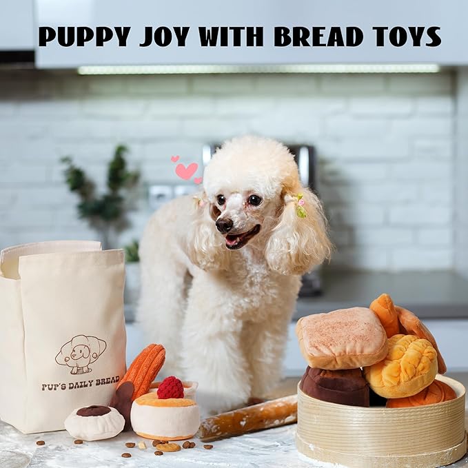 Nocciola 10 Pack Bread Dog Toys with a Bag,Crinkle Dog Squeaky Toys,Puppy Toys to Keep Them Busy,Small Dog Toys for Boredom,Durable Stuffed Plush Dog Toys for Small Medium Dogs,Dog Accessrioes Girl