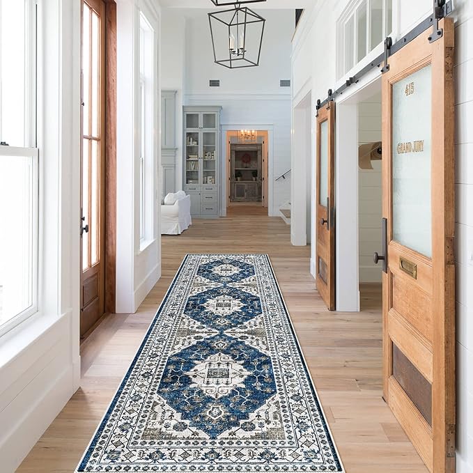Hallway Washable Runner Rug - 2x7 Kitchen Rugs Entryway Rug Runner Vintage Soft Floor Mat Non Slip Indoor Farmhouse Carpet for Bathroom Living Room Bedroom (2 X 7, Blue)