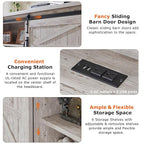 T4TREAM Farmhouse King Size Bed Frame w/Storage Bookcase Headboard, Sliding Barn Door, Charging Station, Rustic Wood Platform Bed w/Wood Slats Support, No Box Spring Needed, Antique Brush White