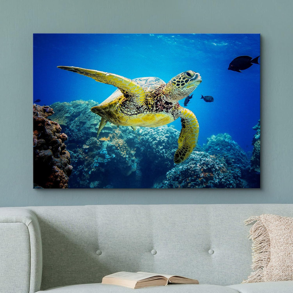 wall26 Canvas Print Wall Art Vibrant Ocean Underwater Swimming Turtle Nature Animals Photography Realism Rustic Scenic Landscape Wilderness Earth Colorful for Living Room, Bedroom, Office - 24"x36"