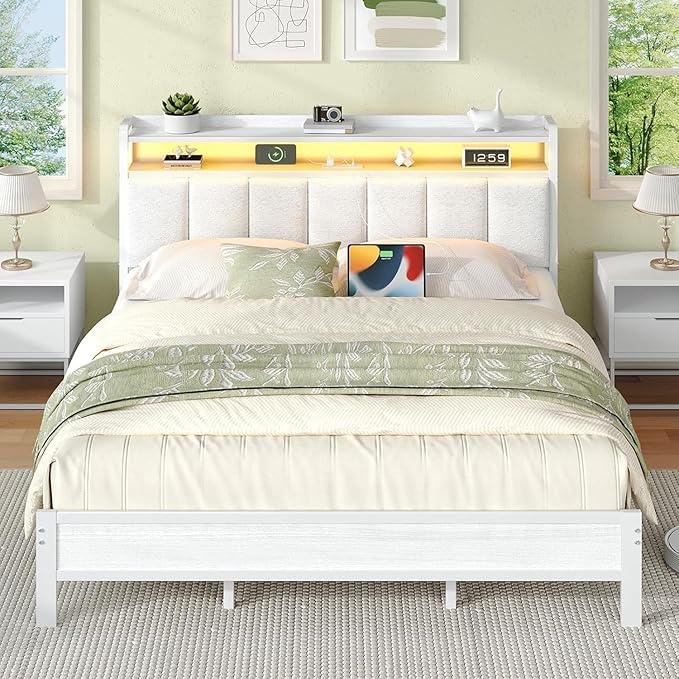 King Bed Frame with LED Lights and Charging Station, Metal Platform Bed Frame King with Upholstered Storage Headboard, Heavy Duty Metal Slats, No Box Spring Needed, Easy Assembly, White