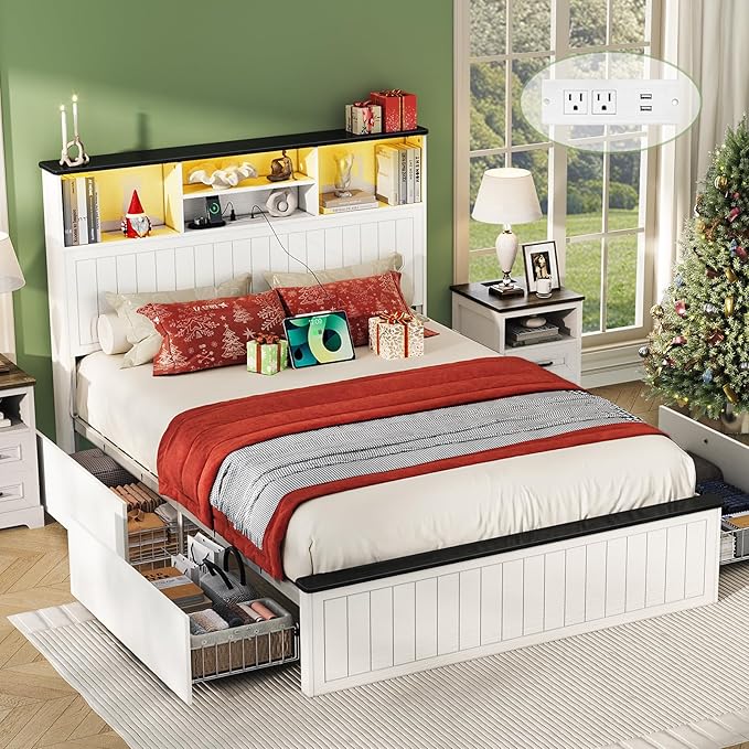 Yoobure Queen Bed Frame with Headboard - Farmhouse Wood Bed Frames Queen Size with 4 Storage Drawers, Platform Beds with Charging Station & LED Light, No Noise Double Bedframe, No Box Spring Needed