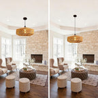 14'' Natural Rattan Chandelier Small Rattan Pendant Light -Farmhouse Boho Hanging Light with Included E27 Bulb, 120V Wicker Chandelier for Dining Room Bedroom Living Room Island