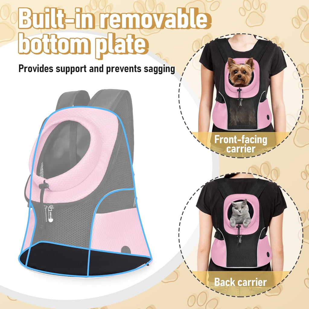 WOYYHO Pet Dog Carrier Backpack Small Dog Front Backpack Ventilated Mesh Dog Travel Back Pack with Safety Belt for Travel Hiking Cycling Outdoor Adventures (Size M: 5-9 lbs, Pink)