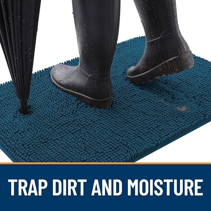 OLANLY Dog Door Mat Set 2-Piece 30x20, Absorbs Moisture and Dirt, Absorbent Non-Slip Washable Doormat, Quick Dry Chenille Mud Mat for Dogs, Entry Indoor Entryway Carpet for Inside Floor, Atlantic Blue