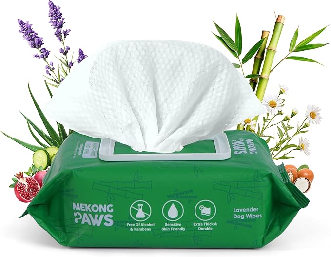 Pet Grooming Wipes - Natural & Organic Bamboo Base - Calming Lavender Scented - Freshening Dog Cat Wipe - Gentle on Sensitive Skin - Thick & Durable for Paws, Coat & Bum - 100 Count