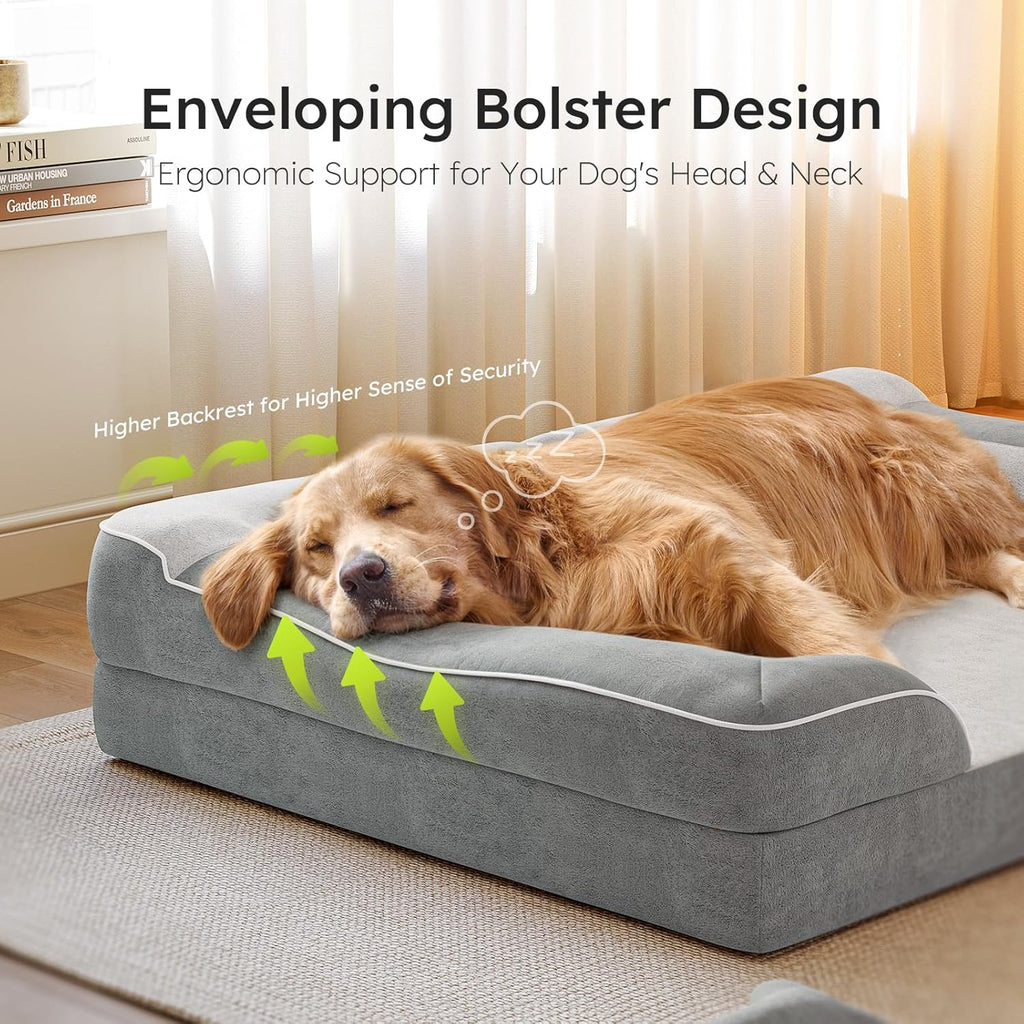 Jumbo Dog Beds for Extra Large Dogs, Orthopedic Dog Bed with Cooling Gel Memory Foam, Waterproof Pet Bed with Removable Washable Cover, 45" Pet Sofa Couch Velvet with Bone Toy, Light Gray