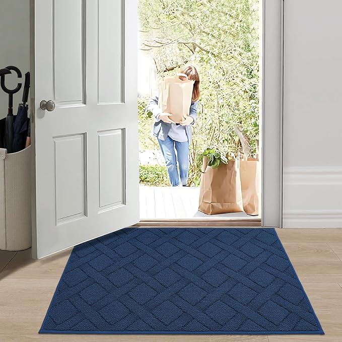 COSY HOMEER Door Mat Indoor Entrance, Non-Slip Absorbent Doormat for Front Door, Low-Profile Entryway Mat for Dirty Paws, Washable Dirt Trapper Mats (20"x32", Blue)